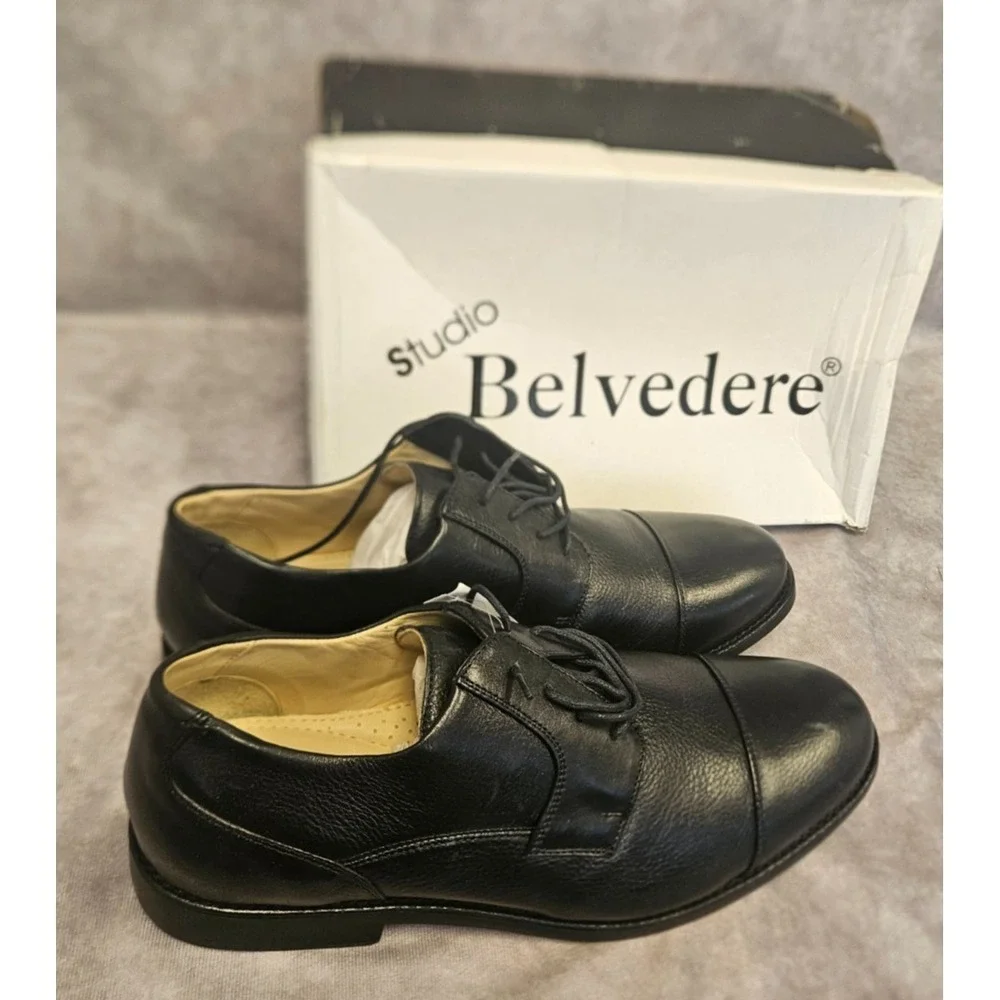 Belvedere Mens Duke Cap Toe Oxfords Leather Black Dress Shoes Size 12 E3 New